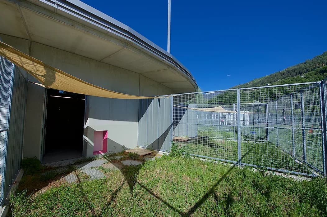 Une courette de la pension, avec sa voile d’ombrage et son accès aux box